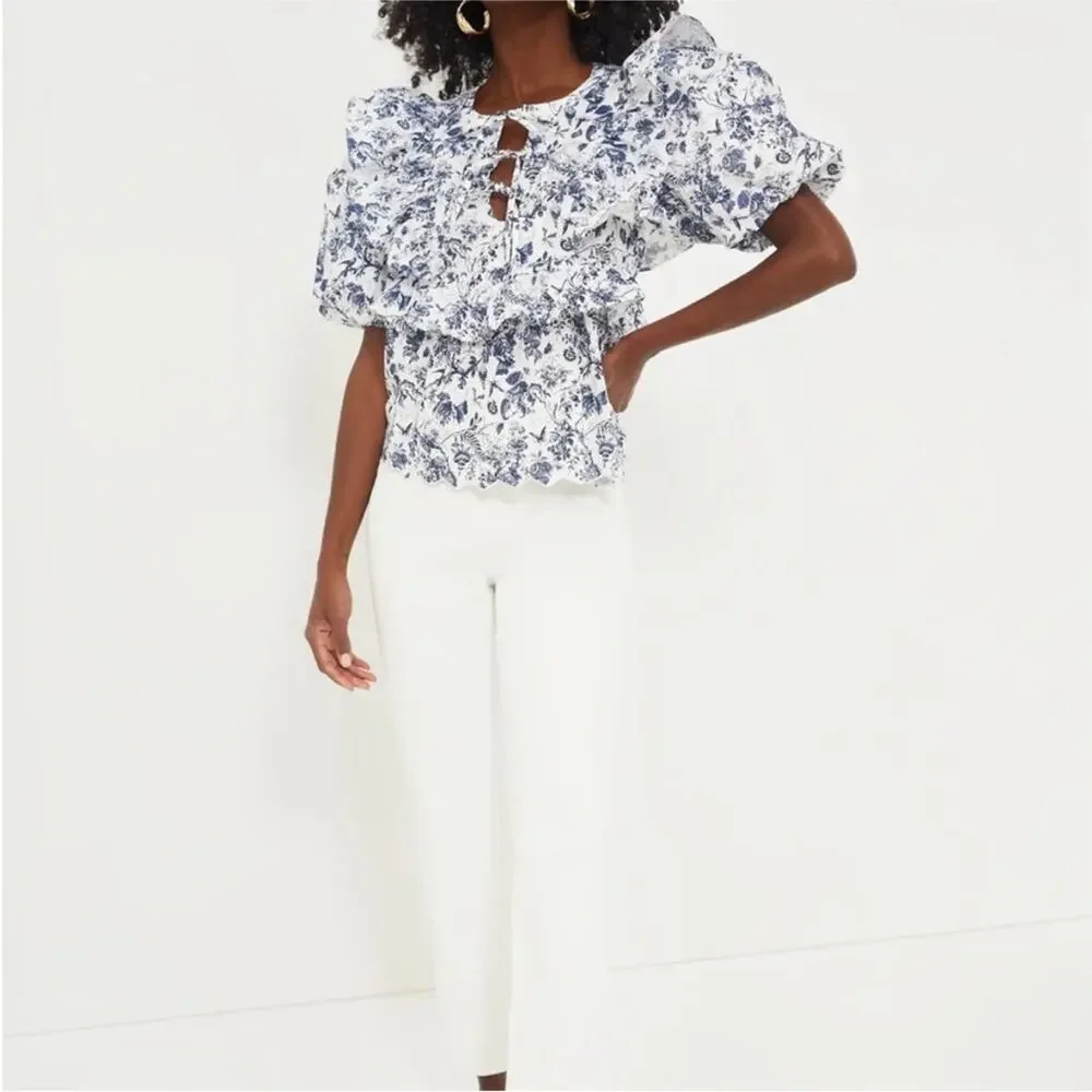 Hyacinth House Nadia Blouse Blue Floral Tuckernuck Puff Sleeve LARGE Top NWT - Picture 14 of 14